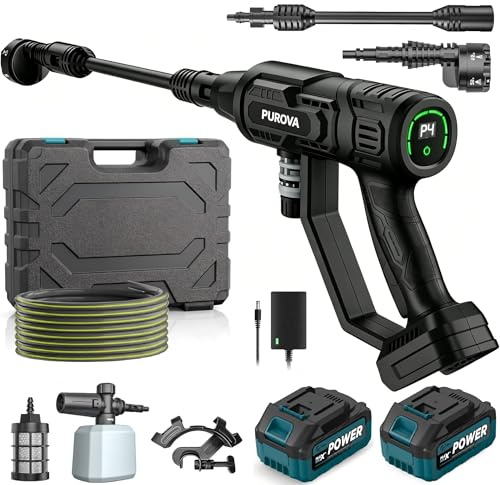 Nettoyeur Haute Pression sans Fil 125 Bar avec 2 Batteries 4.0Ah, Moteur sans Balais 1500W & Écran LCD, 4 Niveaux de Pression, Débit 600 L/h, Buse 6-en-1 & Tuyau 5m pour Auto, Terrasse et Jardin