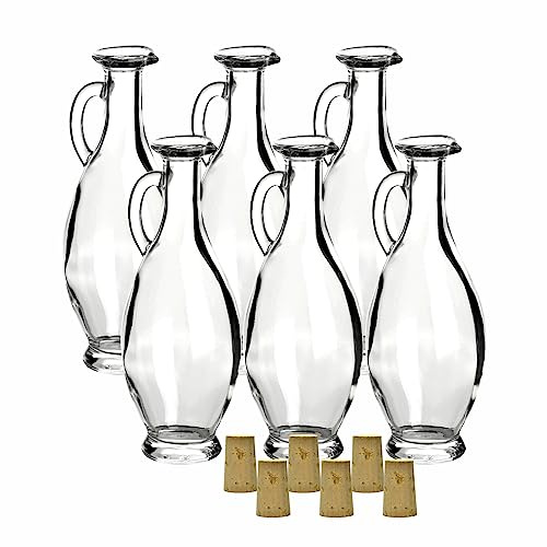 gouveo 6er Set Glasflaschen 500 ml Karaffe mit Korken (SK) - Henkelflasche zum Befüllen - Leere Karaffe 0,5l für Wein, Likör, Sirup, Öl, Essig