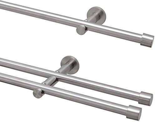 Garduna | 200cm Gardinenstange Cap | 2-lauf | Ø 16mm | edelstahl-optik | ohne Ringe