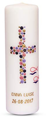 Taufkerze Kommunionkerze Mädchen Junge mit Name und Datum 25x8cm mm Taufe Kerze Kreuz-Kreise-15 Lila Rosa Gold