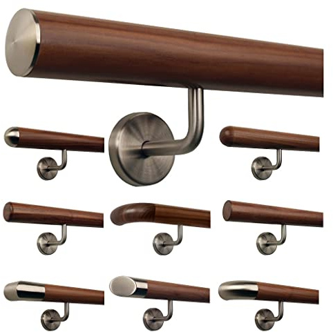 TIBU Ami Nussbaum Geländer Handlauf Treppe Holz Griff gewinkelt Edelstahlhalter, Länge 30-500 cm - Variante: 80 cm mit 2 Halter und Ende leicht gewölbte Edelstahlkappe
