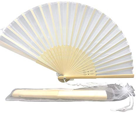 FANSOF.FANS Fabric Handheld Folding Hand Fan With a Tassel Grade A Bamboo Ribs for Women Girls Summer Party Event Favour Birthday Wedding Souvenir Gift (White)