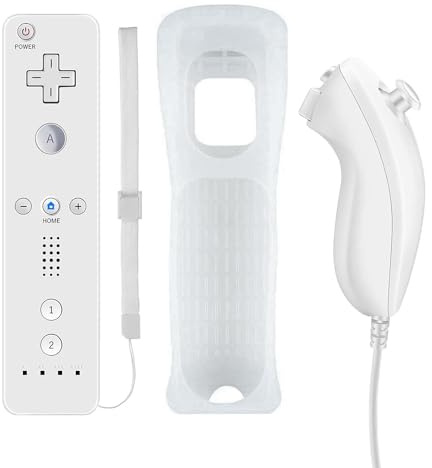 QUMOX Manette pour Wii, Controleur de Mouvement à Distance, Télécommande et Nunchuk, Console Remplacement Compatibles avec Wii et Wii U avec Etui de Protection en Silicone Blanc