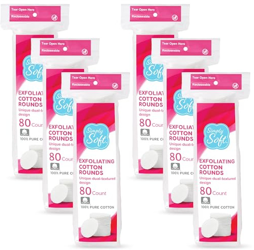 Simply Soft Hypoallergenic Exfoliating Dual Textured Cotton Rounds Pads, 80 Count (Pack of 6)