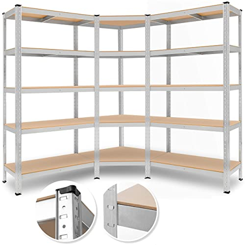 MASKO® 3er Set Regalsystem Metall Lagerregal 1x Eckregal & 2X Lagerregale 15 Böden | MDF-Platten Regal 2625 kg Werkstattregal Kellerregal Garage Schwerlastregal Steckregal, Silber