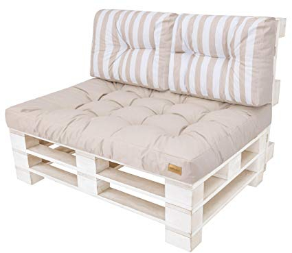 HOBBYGARDEN Palettenkissen Set (Sitzkissen 120x80 cm und 2 x Rückkissen 60x40) Palettenauflagen Palettensofa Palettenpolster Outdoor - Ecru mit Streifen