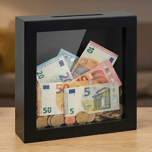 MIJOMA Sparbössa av trä med glasfront – dekorativ sparram för pengar-presenter till bröllop, födelsedag, resor och mer – kreativ plånbok (lanko – svart, 15 x 15 x 5 cm)