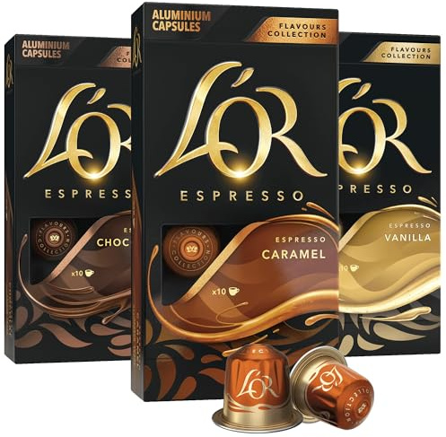 L'OR Espresso Capsules, 30 Count Variety Pack Vanilla/Chocolate/Caramel, Single-Serve Aluminum Coffee Capsules Compatible with the L'OR BARISTA System & *Nespresso Original Machines