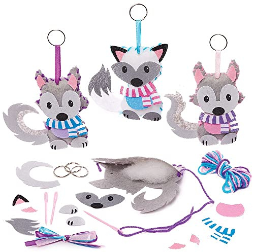 Baker Ross FX355 Polar Fuchs und Wolf Schlüsselanhänger Näh Bastelset - 3er Pack, Filz Näh Bastelset für Kinder, Kleine Kinder, White, Grey, Black