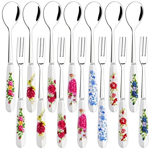 Lot de 14 petites fourchettes à dessert en acier inoxydable et mini cuillères à café avec poignée en céramique pour gâteaux, thé, salade, cocktails, fruits