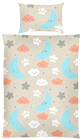 Bestlivings Kinderbettwäsche Baby 2-teilig Baumwolle Mond & Wolken Beige | Bettbezug 100x135cm, Kissenbezug 40x60cm, mit Reißverschluss, OEKO-TEX, atmungsaktiv, 60°C waschbar, perfekt für Kleinkinder