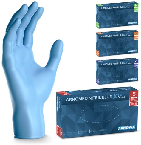 ARNOMED Gants jetables Bleu Extra Fort, Gants nitrile taille S, 50% plus épais, 100 p./boîte, Gants jetables non poudrés, Gants en nitrile mecanique sans latex, gant jetable en tailles S, M, L & XL