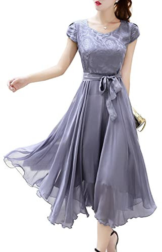 E-girl Grau Seide Damen Kleid Kurzarm Bindegürtel Elegant Seidenkleid Rundhals Midi Freizeitkleid Einfaches A-Linie Sommerkleid,34,E68096
