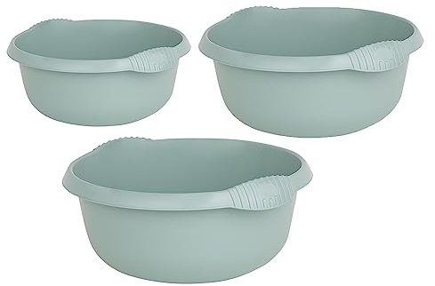 M1SS 3 Piece Multi-Functional Round Plastic Bowl Set Washing Up Bowls With Integral Handles For Sink Basin Kitchen Counter Top (28cm, 32cm & 36cm Bowls) (Silver Sage)