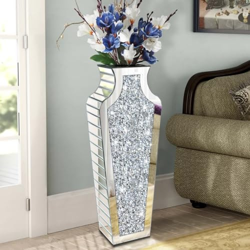 Allartonly Floor Crushed Diamond Mirrored Vase 27 Tall, Crystal Silver Glass Decorative Mirror Large Size Luxury for Home Decor. Can't Hold Water.