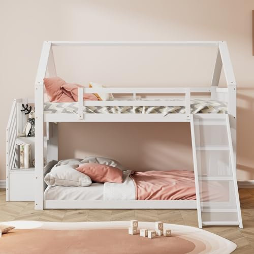 Idemon Litera de 140 x 200 cm con escalera de contención y tobogán, cama tipo casita, cama para niños con barandilla, apta para niños, adolescentes (blanco)