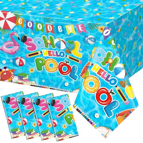 Tingjoo 4 Pcs Goodbye School Hello Pool Theme Tablecloth 54 x 108 Large Rectangle Table Cover Plastic Graduate Table Cover Disposable Rectangle 2024 Table Cloth Tropical Beach Pool Party Decoration