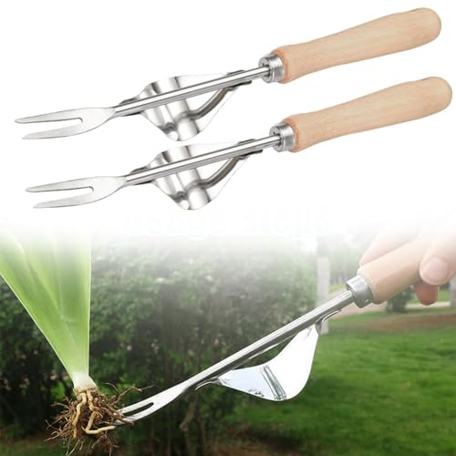 TBLMPNE 2024 Neu Unkrautstecher Edelstahl, Wurzeljäter Manuelles Unkrautjätgerät aus Edelstahl mit Holzgriff, Manueller Weeder Löwenzahnzieher Rasenmäher für den Garten Rasen Hof (2 Stück)