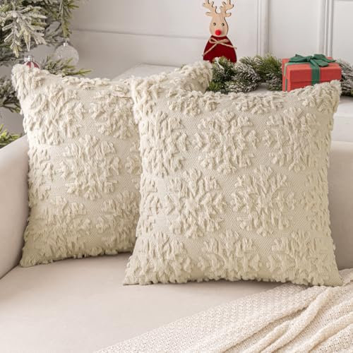 MIULEE Weihnachten Kissenbezug Weihnachtstag 2er Set Kurz Wolle und Samt Kissenbezüge Deko Luxuriöses Winter Zierkissenbezug für Sofa Schlafzimmer Wohnzimmer, Runde Schneeflocken, Beige, 45x45cm