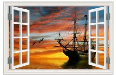 RXNHGJDS Fensterblick Bilder auf Leinwand,Rote Seeschiffmöwe bei Sonnenuntergang,Leinwandbild Sonnenuntergang Wandbilder Fensterblick Offenes Fenster Ansicht Bild120x80cm(47x31in) Rahmenlos