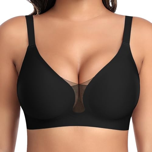 BH Damen Ohne Bügel Nahtloser Glatter Weicher BH Modische Spitze Mesh Tiefes V-Ausschnitt Bequemer BHS Gepolsterter BHS Bustier Bügellos Soft Bra Seamless Bralette T-Shirt
