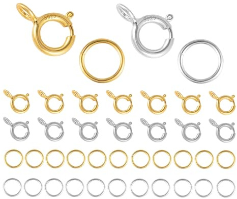 Wjelet 40 Stück Sterling Silber 925 Kettenverschluss Federverschlüsse, 18 Karat 5 mm Federschnalle mit Offenen Biegeringe für Armbänder Halskette Verlängerungskette Schmuckherstellung (Silber, Gold)