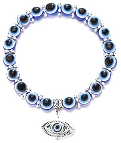 Yup It All - Evil Eye Bracelet Turkish Hand of Fatima 8mm Stretch Blue Beads Bracelet Hamsa Lucky Charm Nazar Battu Protection Blessing Good Luck Gift Women Men Wedding Anniversary
