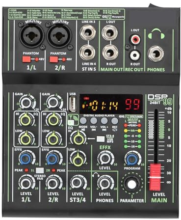 IEOWY Mini Mixer Audio Portatile 99 Effetti DSP, 4 canali, Riproduzione e Registrazione USB individuali + Alimentazione Phantom 48V, Mixa Sonore High Output Mixer
