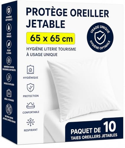 Protector de almohada de 65 x 65 cm – Paquete de 10 fundas de almohada desechables – Funda de protección cojín de uso único – Higiene Ropa de cama turismo (Campings - Hoteles - Casas …)