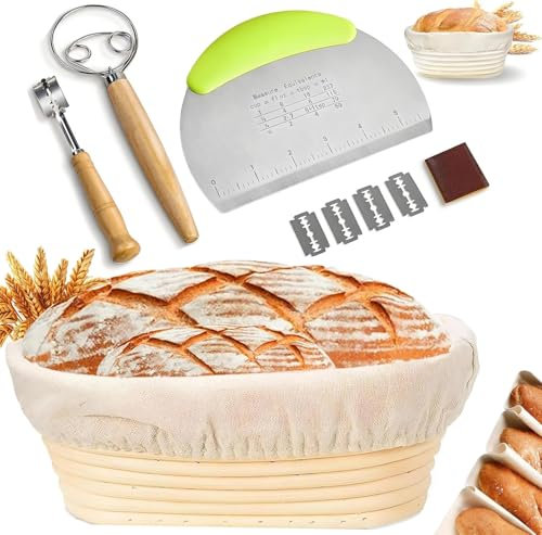Cesta de Fermentación para Pan 25 cm,Banetones para Pan,Accesorios para Hornear,Incluye Bote Fermentacion,Raspador de Masa,Batidora Danesa