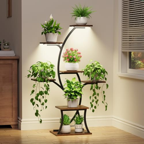 Indoor Plant Stand with Grow Lights - 7 Tiered, 44 Corner Plant Stands, Metal Plant Shelves, Curved Plant Holder Rack for Living Room, Patio, Balcony