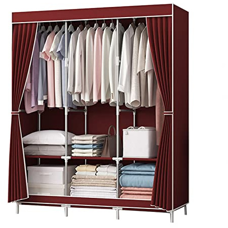 Tragbarer Kleiderschrank, Stoff, mit Kleiderstange und Regalen, für Schlafzimmer, 128 x 45 x 170 cm, Rot