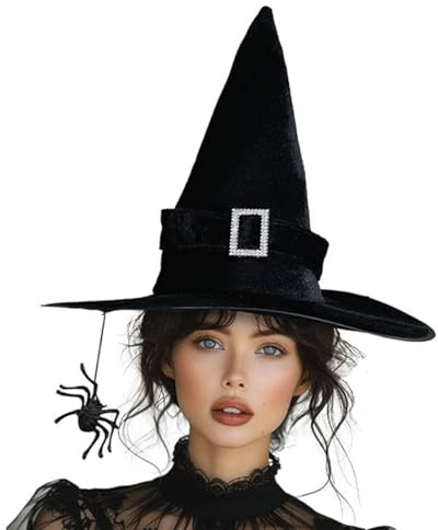 Vdaxvme Schwarzer Halloween-Hut, breiter Rand, spitzer Hut, modische Party-Kopfbedeckung für Halloween-Feiern