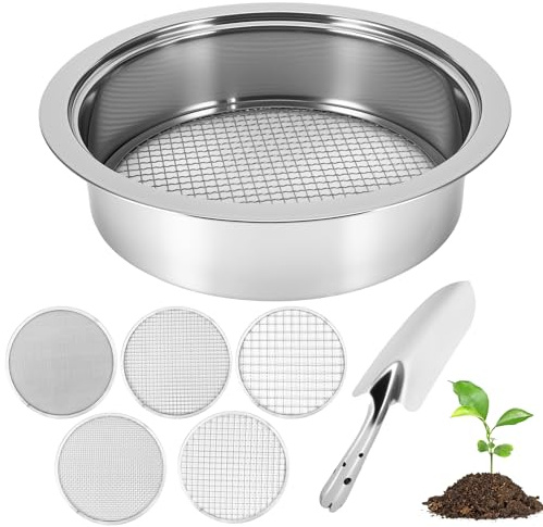 Gartensieb aus Edelstahl, mit 5 Feinsiebe Ø 1,3,6,9,12 mm und 1 Handspaten | Bodensieb und Kompostsieb für Erde, Steine, Kompost, Unkraut, Sand, Schotter, Saatgut, Gartenarbeit und DIY Pflanzarbeiten
