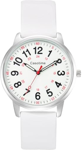 Casotime 30M Waterproof Nurse Watch - Luminous Easy Read Dial, Second Hand & 24H Military Time, Durable Silicone Band for Nurses, Medical Professionals, Students - Men and Women White