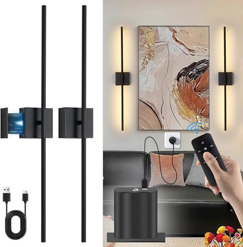Akku Wandleuchte Innen, USB Aufladbare Wandlampe mit Fernbedienung, Dimmbar Touch Kabellose Wandleuchten mit Batterie 6000mAh, 350° Drehbare 80CM LED Nachtlicht Wand Leselampe, Schwarz, 2 Stück