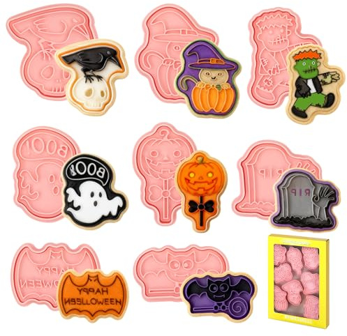 Moldes Galletas Halloween, 8 Piezas Cortadores de Galletas Niños, Plástico 3D Prensable DIY Moldes Interesantes Cookie Cutter para Decoración de Fiesta de Pastel, Fondant