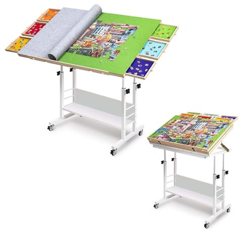 Tektalk 2000 Piece Foldable Jigsaw Puzzle Table with Angle & Height Adjustment, Jigsaw Board with 2 Felt Cover & 6 Sorting Drawers, Puzzle Easel with Legs, Enclosed with 4 Roller Wheels - Green
