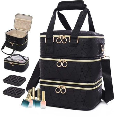 Wifeassistant 3 Layers Nail Polish Organizer Bag - Holds 60 Bottles,Portable Travel Case with Shoulder Strap,Nail Tech Kit Storage,Versatile Cosmetics Case,Detachable,Waterproof,Gifts for Women