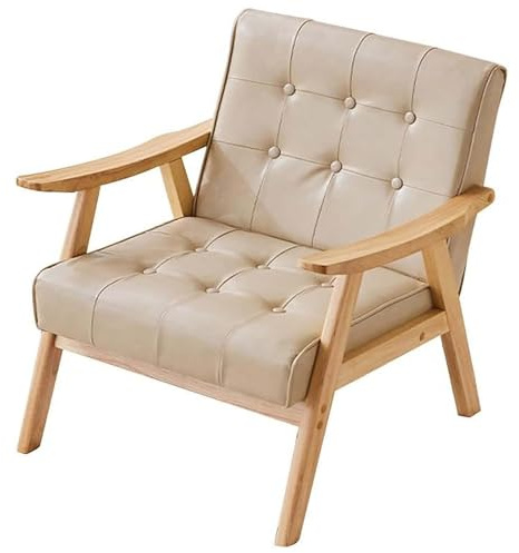 Ledersessel mit Holzrahmen, Retro Lounge Sofa Stuhl für Wohnzimmer und Schlafzimmer, Mid-Century Modern Design