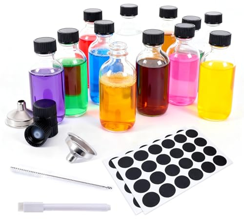 DMOPRDNB 12 Packs Glass Shot Bottles with Lids, 60ml / 2oz - Reusable Small Ginger Shots Bottles with 2 Funnels, 2 Labels,1 Brush, 1 White Pen - for Juice, Ginger, Whiskey, Essential Oil