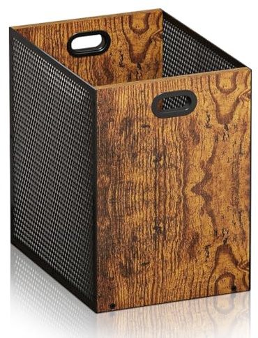 Cestino per la spazzatura, 16,8 l, combinazione di ferro e legno, per ufficio, soggiorno, cucina e altro, pattumiera dal design rettangolare, cestino in stile industriale con manici, 28 x 20 x 30 cm