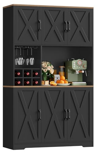 HOCSOK Kitchen Cupboard 41.7 x 70.9 (W x H), Kitchen Cabinets Black, Pantry Cupboard with Removable Wine Rack, Glass Holder and Large Countertop, Sideboard with Microwave Stand