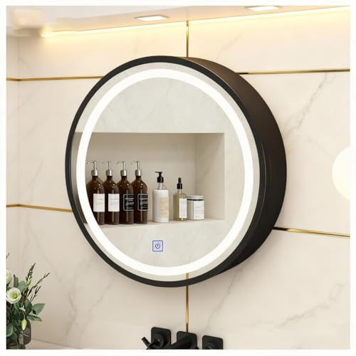 ZTGL Armadietto a Specchio per Bagno Rotondo, Mobiletto Porta Medicinali a Parete, Multiuso Trucco Toiletta, Bathroom Cabinet con Montaggio a Parete, Make Up Salvaspazio,Nero,Diameter 70cm