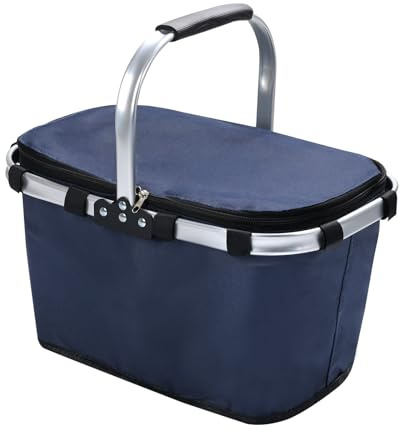 Pomodee Picnic Basket with Handle,40L Large Foldable Insulated Cooler Picnic Basket,Grocery Shopping Basket for Travel Camping Market Bag,Navy Blue