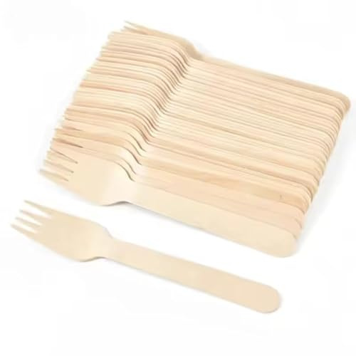 Lot de 100 cuillères en bois jetables biodégradables, couverts jetables, cuillères jetables biodégradables (100, fourchette)