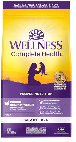 Wellness Complete Health Healthy Weight Adult Dry Cat Food for Indoor Cats, Natural, Grain Free Kibble, Chicken & Turkey Recipe, 5.5 lb Bag