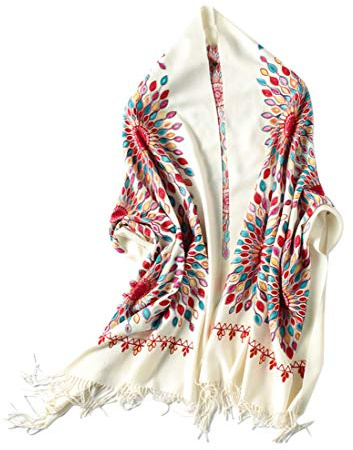 Urban CoCo Women's Embroidered Oversize Tassel Shawl Scarf Wraps for Women(Beige)
