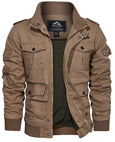 EKLENTSON Mens Walking Coats Khaki Outwear Windbreak Camping Military Jacket Multi Pockets,Khaki,L