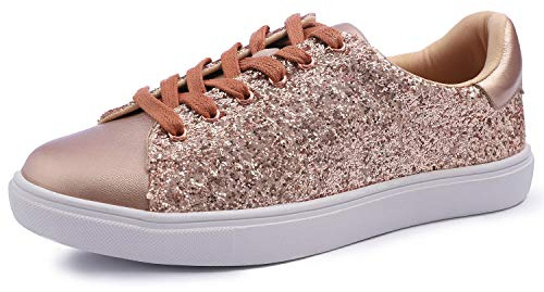 FEVERSOLE Sneakers för kvinnor, moderna, med snörning, fina glittrande och glänsande festskor, 7.5